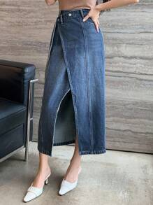 DAZY 女士夏季开衩腰部设计性感休闲牛仔裙 - 中等水洗藍 - 查看 4