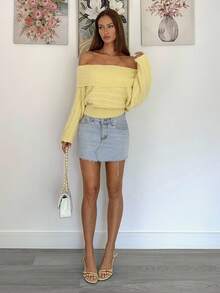 Siren Gaze Suéter amarillo de hombros descubiertos para mujer, suéter casual de punto de unicolor con detalle de torsión en los hombros para mujer - Amarillo - Ver 5