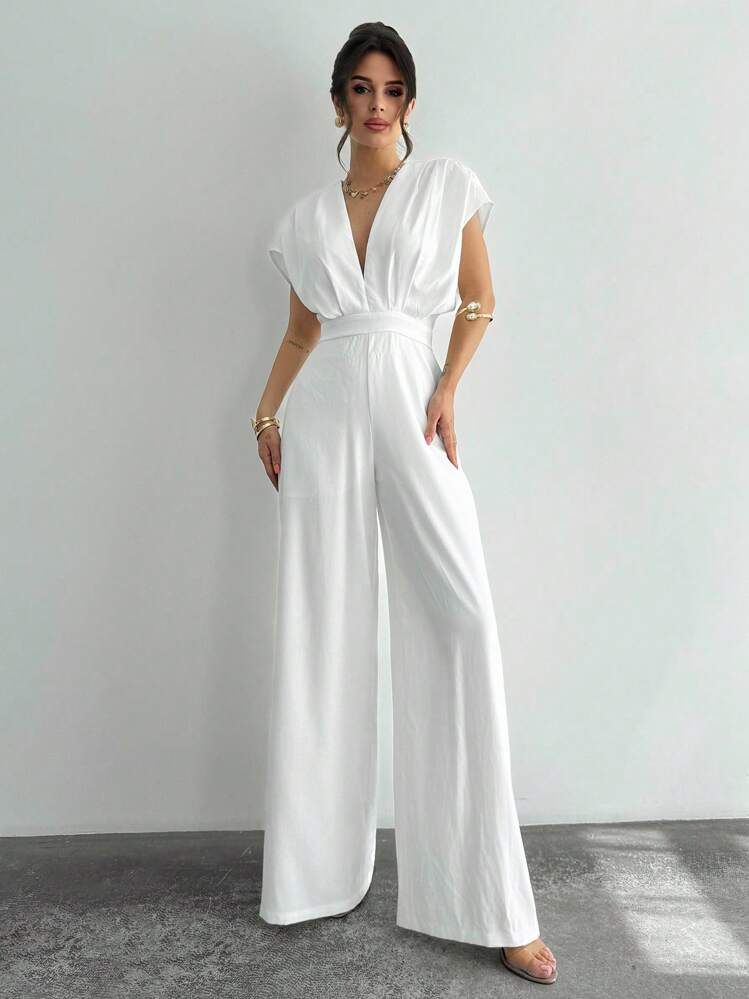 Firerie 女士夏季纯色深 V 领蝙蝠袖阔腿连体裤/白色亚麻服装/美国独立日服装/海滩度假服装/商务休闲女装/办公室/夏季服装/毕业服装/茶会聚会/优雅露背吊带/优雅露背吊带连体裤，端庄 - 白色 - 查看 8