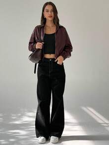 Aloruh Women's Solid Color Drop Shoulder Zip-Up Short Casual Jacket In Fall/Winter