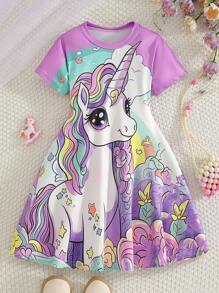 Elladie kids Đầm thời trang thường ngày cổ tròn họa tiết kỳ lân hoạt hình dễ thương cho bé gái, ôm sát eo, thích hợp cho tiệc tùng ngày lễ, kỳ nghỉ, mùa hè - Màu tím - Xem 3