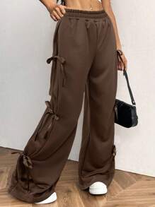 SHEIN EZwear 女士休闲运动裤，带蝴蝶结抽绳，咖啡棕色 - 咖啡棕 - 查看 3