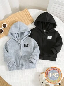 SHEIN 2 件婴儿男孩/女孩可爱简约字母印花纯色连帽夹克，百搭百搭服装，男女通用婴儿冬装 - 彩色 - 查看 3