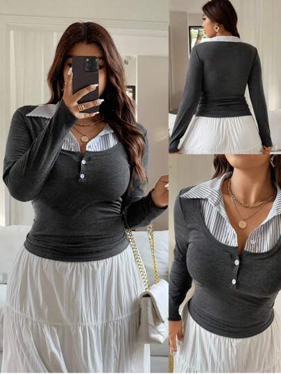 Vionelle 大码女式法式休闲拼布长袖T恤