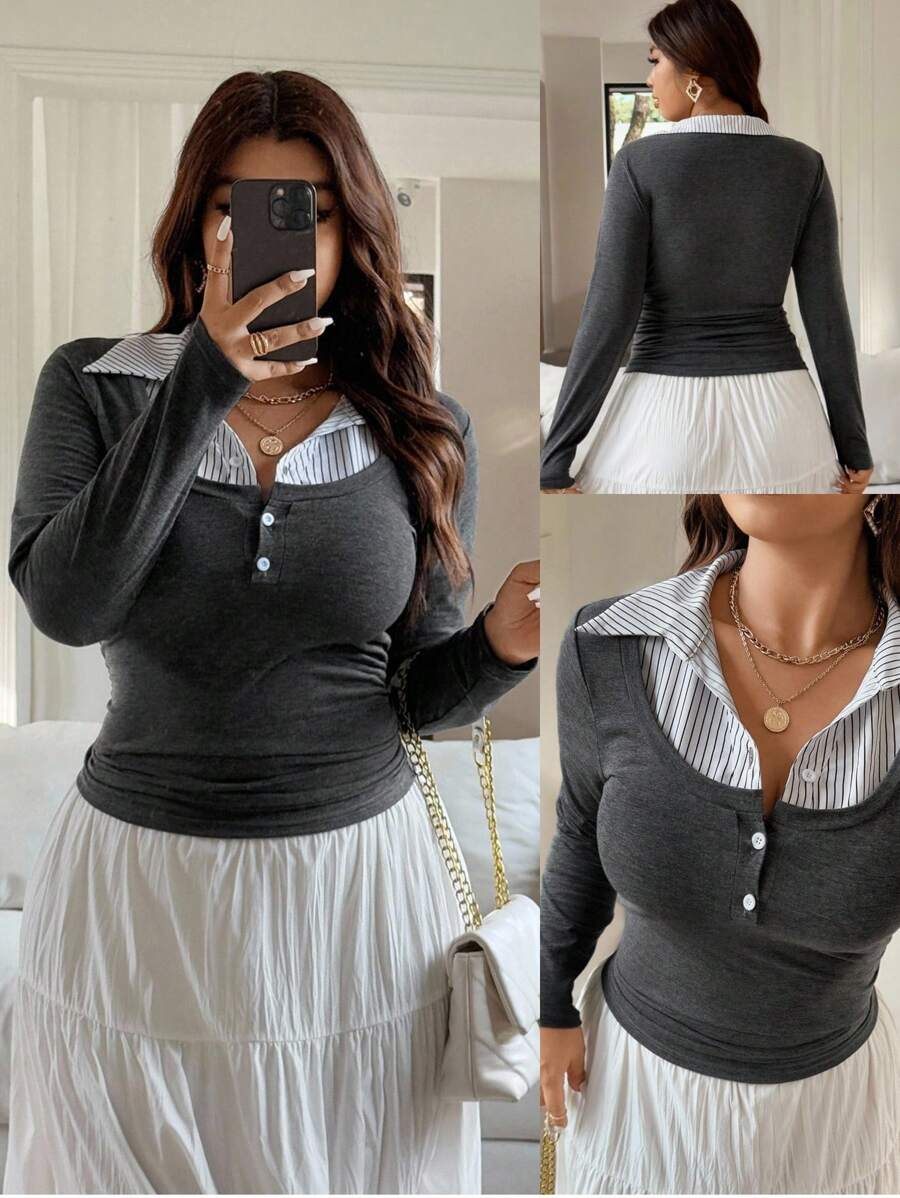 Vionelle 大码女式法式休闲拼布长袖T恤 - 深灰色 - 查看 1