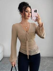 Elenzga Elegant Ruffle V-Neck Lantern Sleeve Women T-Shirt Fall Cloth For Women - Camel - View 1