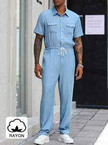 Manfinity Homme Combinaison d'été ample et décontractée pour hommes, avec manches raglan, couleur unie et cordon de serrage à la taille - Bleu azur - Voir 1
