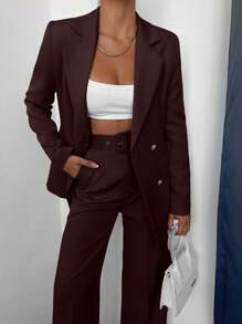 EURMUSE Women's Solid Color Lapel NeckLong Sleeve Jacket And Pants Casual Suit Set - Brown - View 3