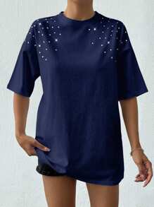 EURMUSE 100%Cotton Women's White T-Shirt With Rhinestones Detail - Navy Blue - View 6