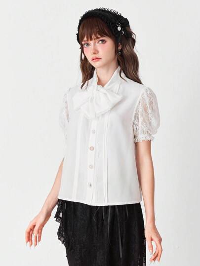 Kawaii Women's Elegant Solid Color Lace Splice Collar Tie Blouse