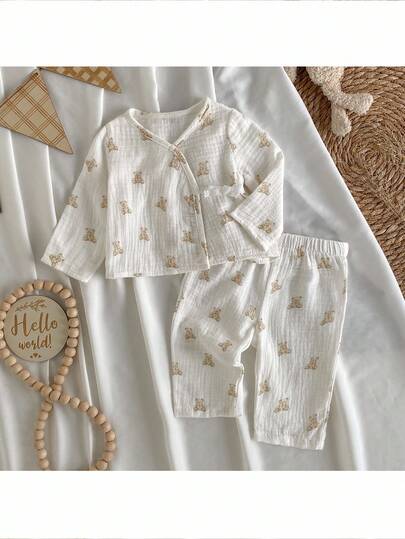 Loomiva Newborn Baby Boy/Girl Cartoon Bear Pattern Tie-Front Top And Elastic Waist Pants 2 Pieces Set Neutral Baby Clothes Baby Bear Outfit Newborn Baby Clothes Fall Winter