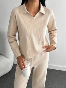 SHEIN Tall Großgrößen-Set mit Oversized T-Shirt mit Umschlagkragen und Hose - Beige - Übersicht 6