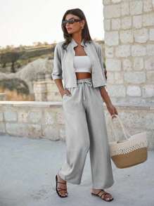 EURMUSE Women Cotton Crop Shirt & High Waist Pants Set - Light Grey - View 6