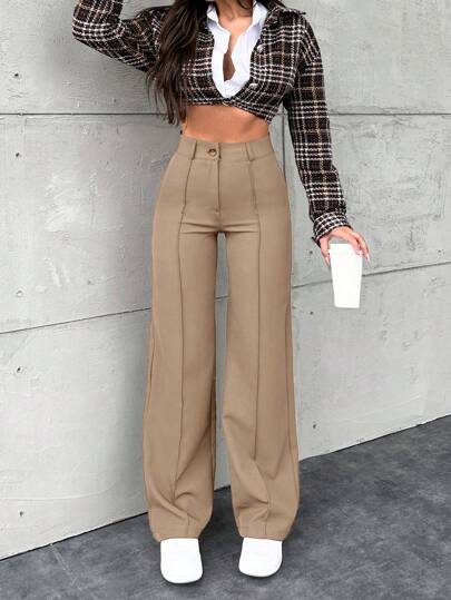 SHEIN Lange Größe Damen elegante einfarbige beige Hose mit Sichtbaren Nähten, gerades Bein, mit Taschen