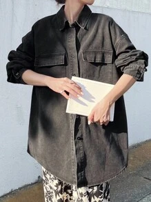 FRIFUL 女士纯色休闲长袖牛仔衬衫、牛仔夹克、秋季女装 - 灰色 - 查看 1