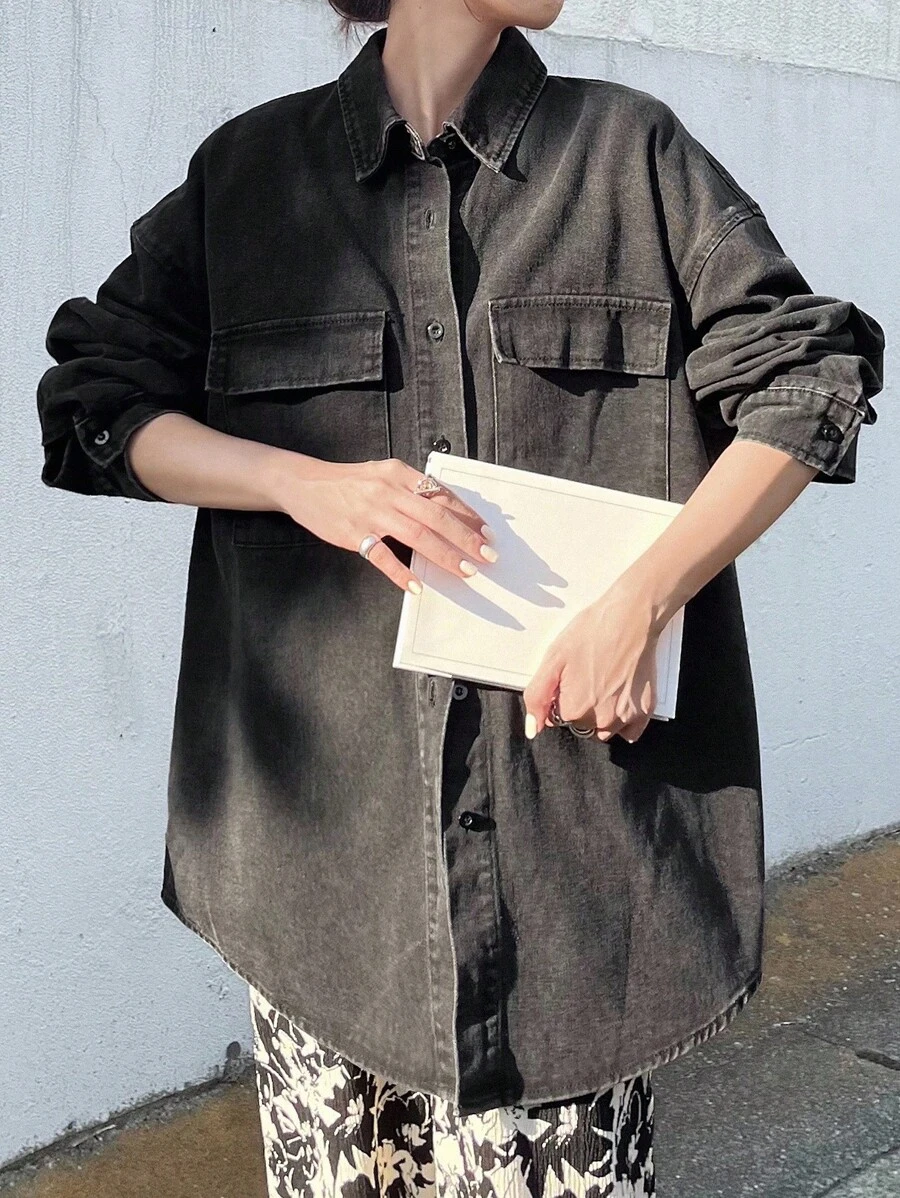 FRIFUL 女士纯色休闲长袖牛仔衬衫、牛仔夹克、秋季女装 - 灰色 - 查看 1