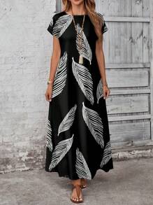 EMERY ROSE 大码黑色树叶剪影印花休闲连衣裙 - 黑色 - 查看 6