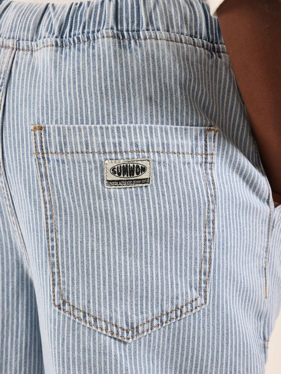 Wide Leg Stripe Denim Jeans With Drawstring Waist