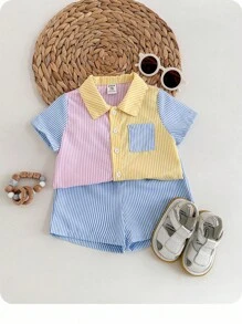 Baby Boy Color Block Short Sleeve Polo Shirt With Fine Stripes Decoration And Patch Pocket, Front Button Placket, Shorts Two Pieces Set - Multicolor - View 1