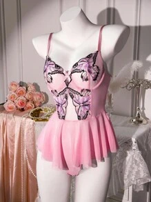 SHEIN Romantic Butterfly Embroidery Contrast Mesh Sexy Vintage Women Bodysuit - Pink - View 6