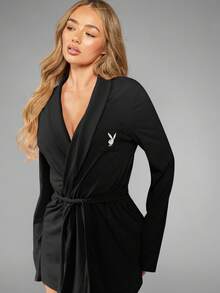 Missguided x Playboy Christmas Classic Long Sleeve Belted Robe With Signature Details - Black - View 1