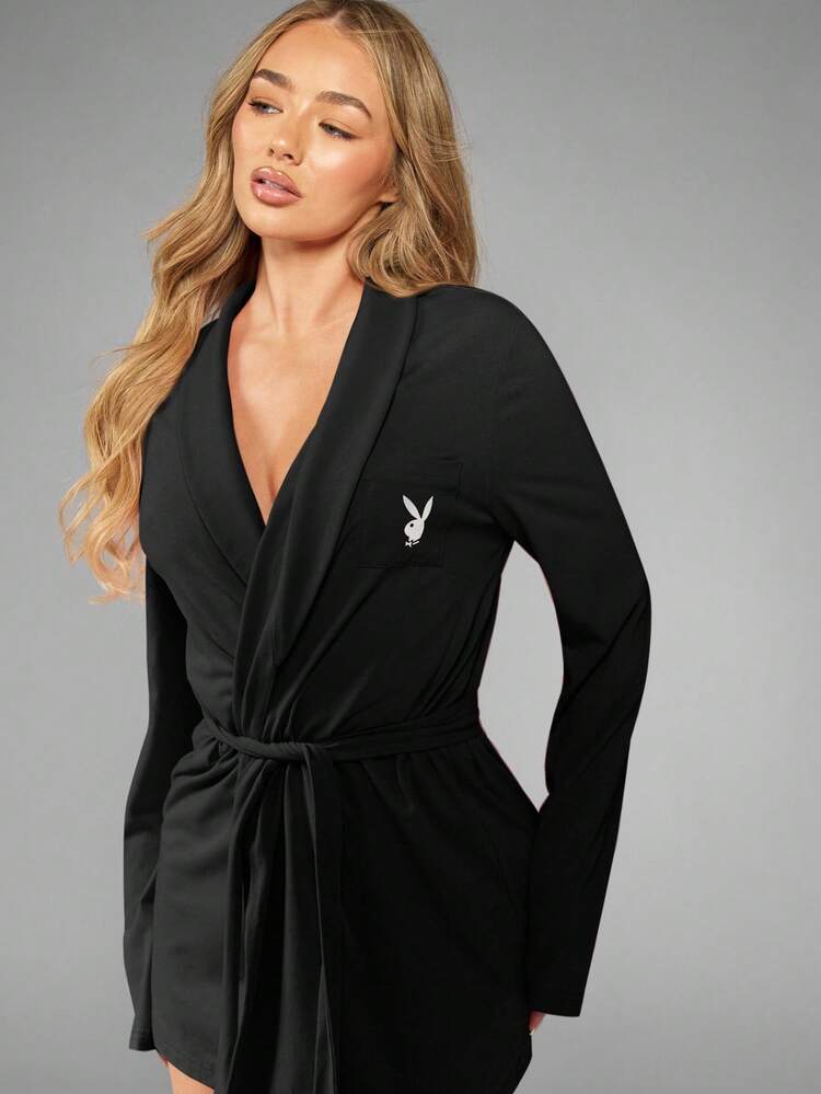 Missguided x Playboy Christmas Classic Long Sleeve Belted Robe With Signature Details - Black - View 1