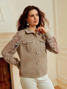 Omancia Women's Lace Patchwork Short Jacket, Elegant & Sophisticated, Suitable For Spring/Autumn, Back To School, Thanksgiving, Halloween, Long Sleeve Top, Y2K , Basic Australian Style Fall Winter Cloth For Women