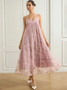 Aveloria Rosie 奢华小众亮片镂空花卉 3D 串珠刺绣连衣裙，女式长礼服 - 藕粉色 - 查看 4