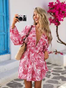 Vivid Eden 女式全身印花深V领长袖连体裤，带口袋