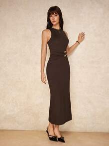 House of One Old Money Solid Brown Textured Knit Sleeveless Overlap Fitted Midi Dress Women Casual Autumn Outfits Brown Midi Dress Brown Dress Women Casual Old Money Fall Women Clothes Brown Dress Coffee Brown Dress Brown Buckle Dress Fall Outfits Business Professional Women Business Casual Woman