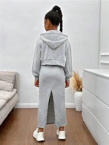 SHEIN 2 件套青少年女童休闲连帽拉链夹克 + 松紧腰罗纹针织赛车裙套装，适合秋冬季 - 灰色 - 查看 2
