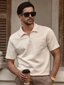 Manfinity VCAY 男士休闲针织宽松半襟弹力短袖 Polo 衫 - 杏色 - 查看 3