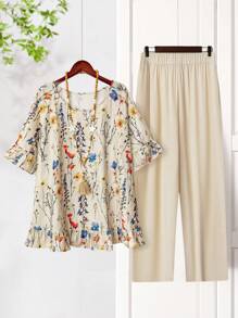 Rusticease 2 件加大码套装：复古花卉印花荷叶边衬衫和卡其裤，休闲乡村风格春夏季度假两件套度假服装女士乡村音乐会服装乡村服装女士度假两件套 - 彩色 - 查看 1
