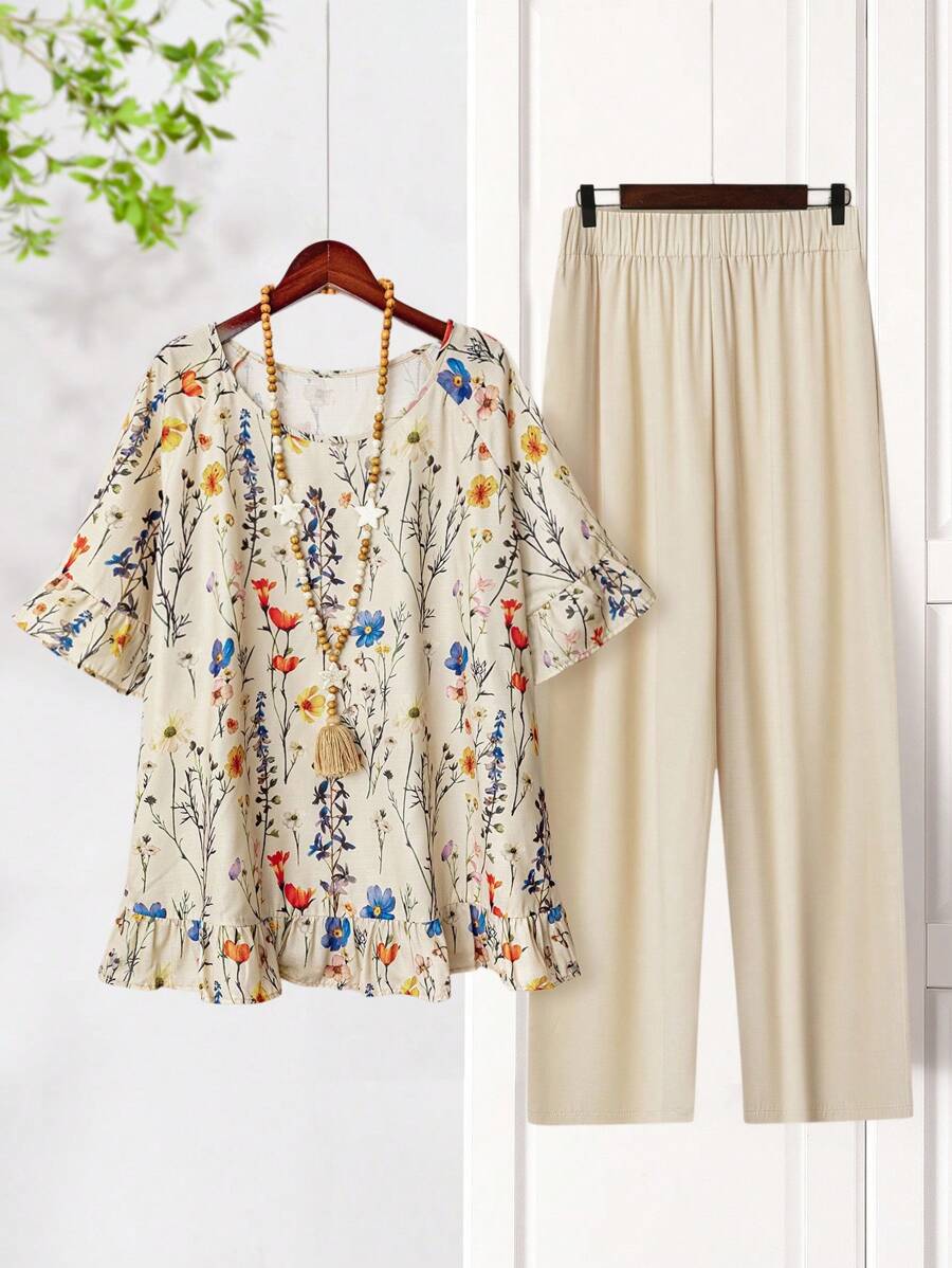 Rusticease 2 件加大码套装：复古花卉印花荷叶边衬衫和卡其裤，休闲乡村风格春夏季度假两件套度假服装女士乡村音乐会服装乡村服装女士度假两件套 - 彩色 - 查看 1