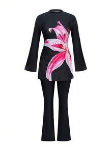 Swim Mulvari 女式夏季简约布基尼套装，修身显瘦，花卉印花，长袖和裤子，腰部褶饰，两件套泳衣 - 黑色 - 查看 6