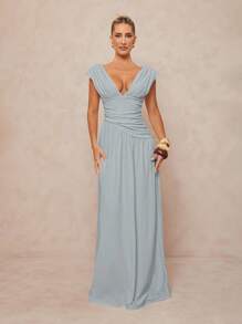 Lumalex Váy xếp ly màu trơn thanh lịch gợi cảm dành cho nữ - Màu xanh lam - Xem 6