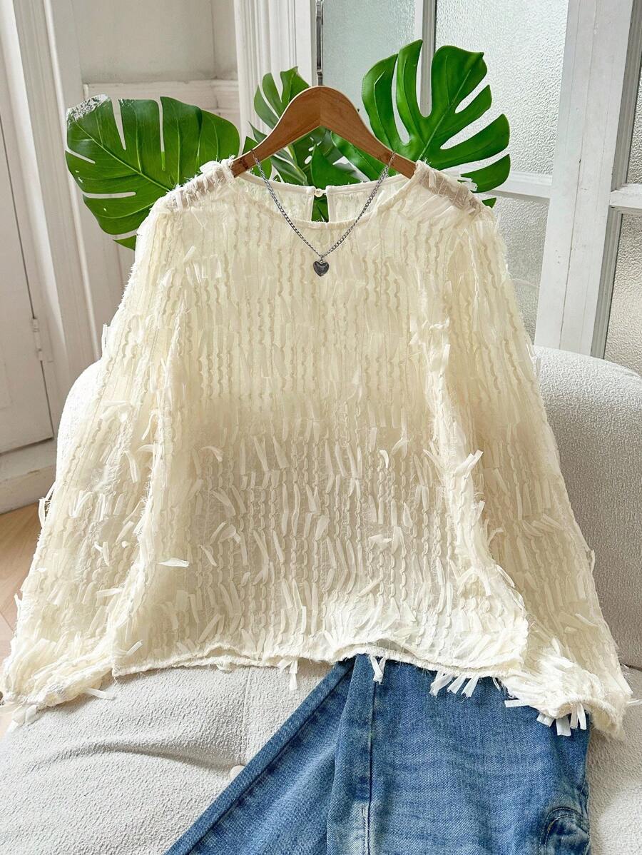 EMERY ROSE Women Loose Fit Solid Color Round Neck Fringe Long Sleeve Blouse Fall Cloth For Women - Apricot - View 1