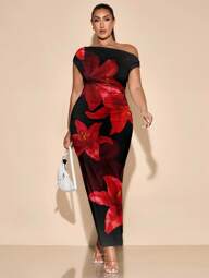 SHEIN BAE Christmas Plus Size Asymmetric Shoulder Tropical Floral Print Casual Dress, Elegant Resort Style, Suitable For Back To School, Fall Suitable For Going Out,Homecoming Dress,Wedding Guest Dress Women Chic Dress