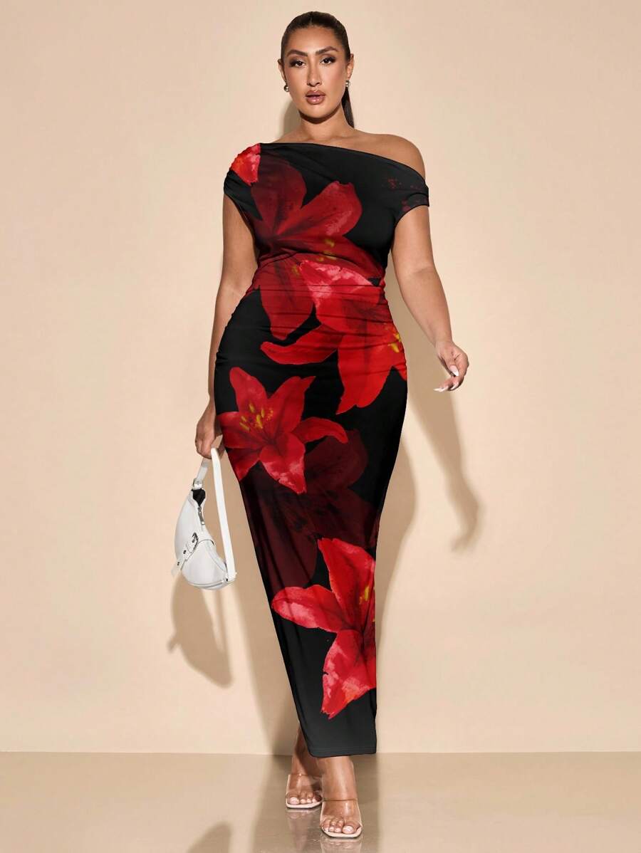 SHEIN BAE 加大码不对称肩热带花卉印花休闲连衣裙，优雅度假风格，适合返校季和夏季 - 彩色 - 查看 1