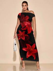 SHEIN BAE 加大码不对称肩热带花卉印花休闲连衣裙，优雅度假风格，适合返校季和夏季 - 彩色 - 查看 6