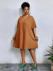 Slaydiva 新款优雅休闲/商务休闲女式短袖雪纺V领宽松荷叶袖连衣裙，秋季女装 - 棕色 - 查看 13