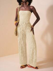 Slaydiva 2025 Summer New Arrival, Music Festival, Wedding Season, Easter, Western Style, Nomadic Style, St. Patrick's Day, Birthday Party, Graduation Season, Student Wear, Daily Casual, Leisure, Vacation, Cruise Travel, Beach, Sunbathing, Fashionable, Texture, Strapless, Yellow, Plus Size Women Jumpsuit Ruffle Jumpsuit Women Jumpsuit Summer Jumpsuit Vacation Outfit Tube Top Jumpsuit - Apricot - View 8