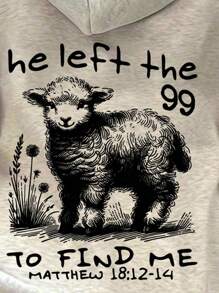 SHEIN 女式标语与绵羊印花休闲落肩长袖连帽卫衣 - 淺灰色 - 查看 5