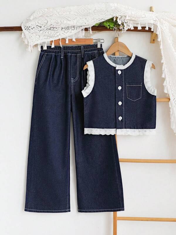 Summer New Tween Girl Embroidered Ruffle Single-Breasted Vest And Pants Casual Denim Suit, Suitable For School, Outdoor Activities, Shopping, Travel, Party And Other Occasions