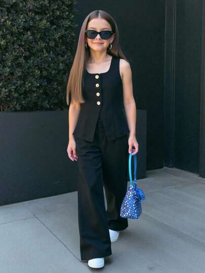 Firerie Kids Firerie Kids 2件套纯色女童无袖上衣和裤子套装