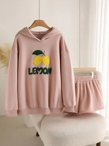 CosyJoli Plus Size Women Casual Lemon Embroidery Hoodie And Sports Shorts Set