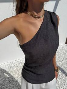 Aloruh 全新简约时尚办公室通勤不对称下摆无袖褶皱腰修身套头衫 - 灰色 - 查看 6