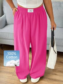 SHEIN EZwear New Plus Size Casual Fuchsia Pink Versatile Pants,Holiday - Hot Pink - View 2