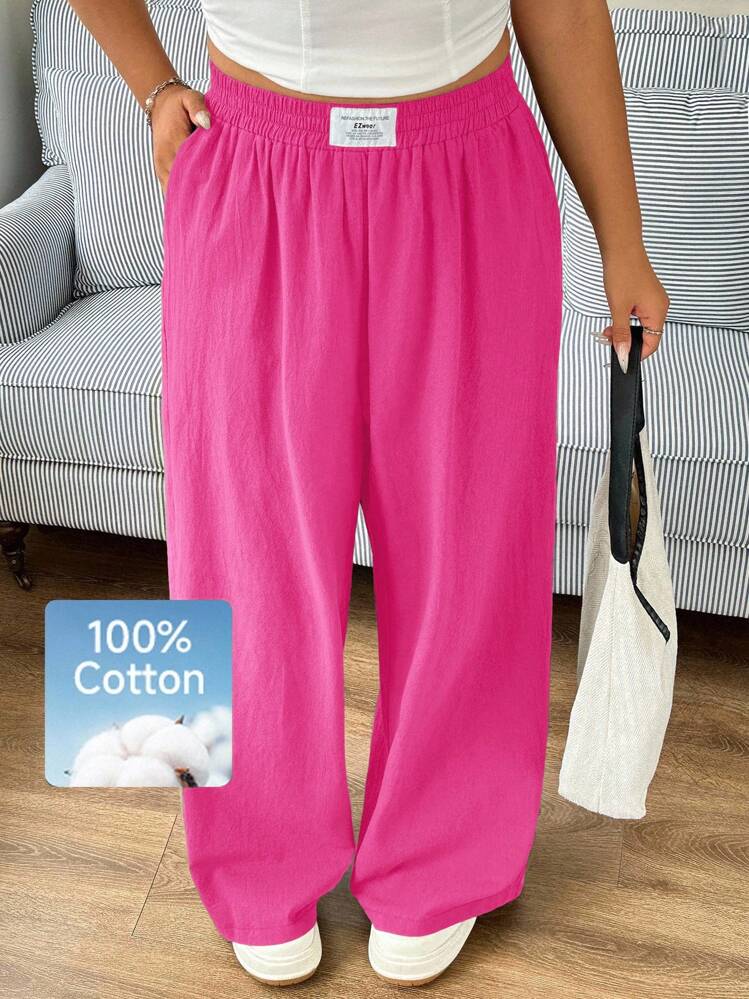 SHEIN EZwear Quần dài màu hồng fuchsia dáng rộng, đa năng, cỡ lớn, thích hợp cho kỳ nghỉ. - Màu Hồng Tươi - Xem 2