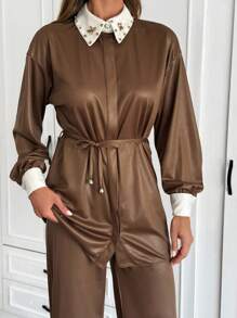 EURMUSE 2pcs/Set Women Rhinestone Collar Detailed Elegant Loose Long Sleeve Shirt And Wide Leg Pants Brown Elegant Suit - Brown - View 4